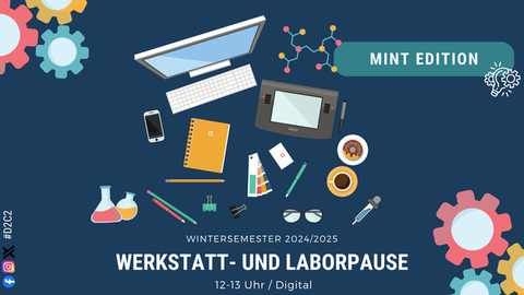 Einladung zur Werkstatt- und Laborpause in der MINT Edition. Es sind schemenhaft ein Arbeitsplatz zu sehen mit einem Rechner, Stifften, Block, Pipette, Brille und Glaskolben. An den RÄndern sieht man bunte Zahnräder.