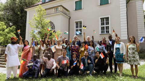 Group photo with flags