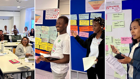 Collage einer Reflexionsrunde am Ende des Workshops: Teilnehmende stehen vor Pinnwänden mit Notizen und Diagrammen. Die drei Challenge Holder erläutern den Peer-Consultation-Prozess ihrer Gruppen, während die EM49-Teilnehmenden zuhören und lachen.