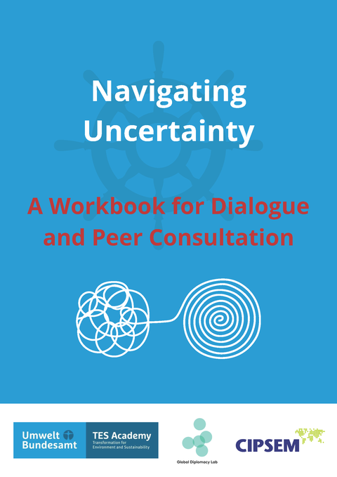 Cover des ARbeitsbuchs „Navigating Uncertainty: Ein Workbook for Dialogue and Peer Consultation“ mit blauem Hintergrund, einfachen Linienillustrationen und den Logos von Umweltbundesamt, TES Academy, Global Diplomacy Lab und CIPSEM am unteren Rand.