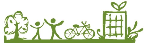 gezeichnetes Bild in grün weiß mit Baum, Menschen, Fahrrad 