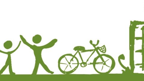 gezeichnetes Bild in grün weiß mit Baum, Menschen, Fahrrad 