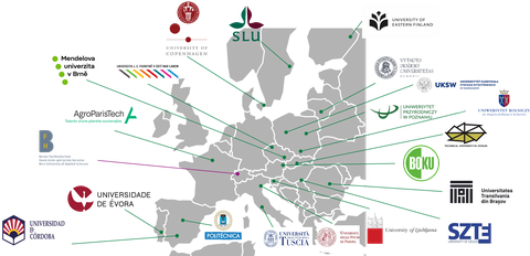 Karte, die die Partneruniversitäten der Fachrichtung Forstwissenschaften zeigt. Für jede Uni wird das entsprechende Logo angezeigt.