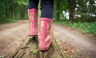 Rosa Gummistiefel im Wald