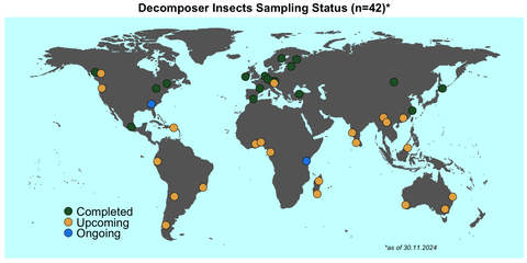 A world map with the completed, upcoming and ongoing sampling sites of the BIOCOMP-project