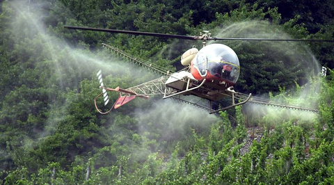 Hubschrauber fliegt über Waldfläche und spritzt PSM