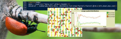 Im Hintergrund: ein Pappelblattkäfer an einem Pappelzweig. Im Vordergrund: Plots eines Simulationsmodells