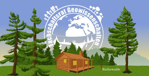 Grafik mit FSR-Geo-Logo und Hütte im Wald als Grafik für das ESE-Wochenende