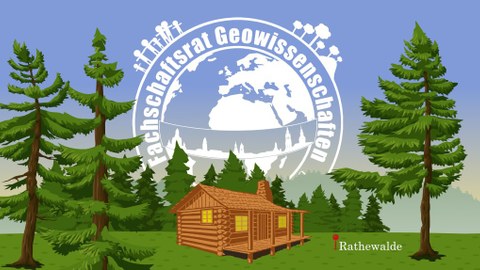 Grafik mit FSR-Geo-Logo und Hütte im Wald als Grafik für das ESE-Wochenende