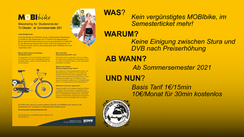 Plakat zur Erklärung, warum das MOBIbike-System nicht mehr im Semesterticket inkludiert ist.