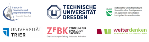 Logos der Organisatoren und Unterstützer der Ringvorlesung Wohnraum für Alle?! (TU Dresden, AAU Klagenfurt, Uni Trier, Stiftung Weiterdenken, Zentrum für Baukultur)