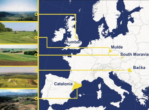 Europakarte mit Hervorhebung der 5 Fallstudienregionen von BESTMAP, ihren Namen und einem Landschaftsbild für jede von ihnen. 
