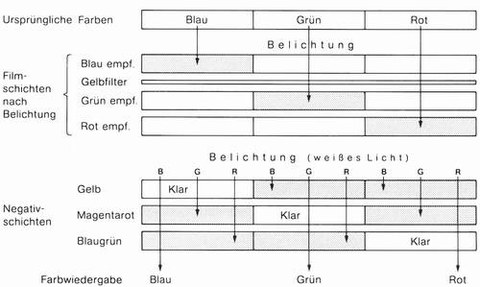 Abb. 5-9: Aufbau und Farbwiedergabe eines Farbfilms (aus Löffler, 1985)