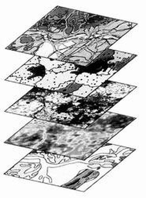 Abb. 7-20: schematische Ansicht der verschie-
denen Ebenen eines GIS (aus Albertz, 1991)