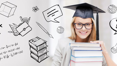 Auf dem Foto sieht man eine junge Frau mit einem Doktorhut mit einem Bücherstapel in der Hand. Auf dem Bild sind zudem diverse Symbole aus dem Bildungskontext gezeichnet, wie zum Beispiel Reagenzgläser, Formeln und Stifte.