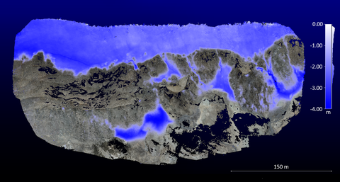 Change detection at Bellinghausen Dome, King George Island, using two 3D surface models from UAV images (Temporal offset: 03/2019 | 02/2020). Mapping of significant decreases of debris-covered glacier and snow areas in metres