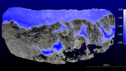 Veränderungsdetektion am Bellinghausen Dome, King George Island, mittels zweier 3D Oberflächenmodelle aus UAV Daten (Temporaler Versatz: 03/2019 | 02/2020). Kartierung signifikanter Abnahmen von Gletscher- und Schneeflächen (Einheit: Meter).