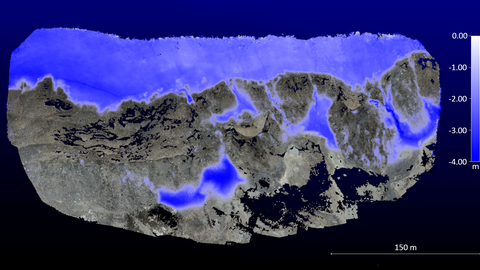 Veränderungsdetektion am Bellinghausen Dome, King George Island, mittels zweier 3D Oberflächenmodelle aus UAV Daten (Temporaler Versatz: 03/2019 | 02/2020). Kartierung signifikanter Abnahmen von Gletscher- und Schneeflächen (Einheit: Meter).