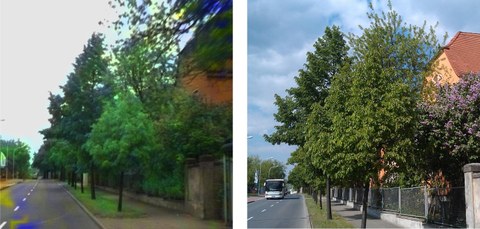 Abb. 2: Vergleich einer aus Hyperspektraldaten konstruierten RGB-Darstellung (links) und mit Hanykamera fotografierte Szene (rechts)