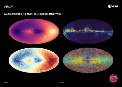 Dieses Bild zeigt vier Himmelskarten, die mit den neuen, am 13. Juni 2022 veröffentlichten Gaia-Daten der ESA erstellt wurden.