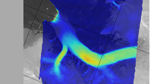 Fließgeschwindigkeit des Gletschers im März 2012 während der Ruhephase. Der Hauptarm fließt von Ost nach West bis zur Gletscherfront links oben im Bild. Die Geschwindigkeiten in diesem Monat reichen von 0 m/Tag (blau) bis 0,35 m/Tag (orange.)