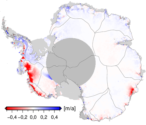 Räumliches Muster der Eishöhenänderungsrate im Zeitraum von 1992 bis 2017 in Meter pro Jahr.