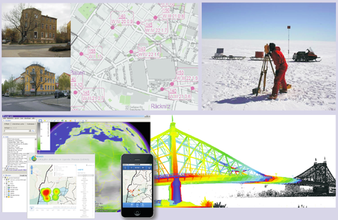 Bilder-Collage der Erscheinungsformen geodätischer Arbeit: Bauwerksüberwachung, Satellitenüberwachung, Erstellung von Kartenwerken und digitalen Geländemodellen