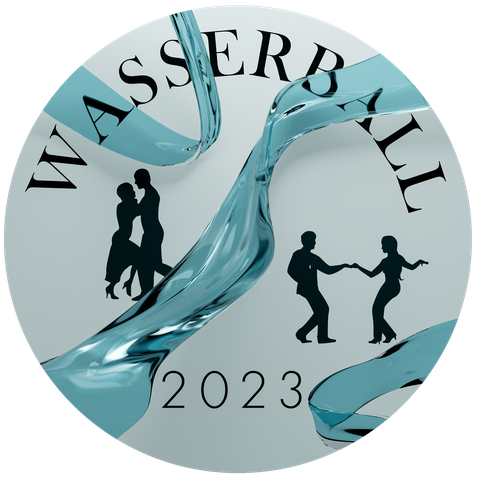 Tanzende Personen vor Wasserstömen und Wasserball 2023 Schriftzug