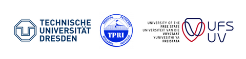 Logos der Technischen Universität Dresden, des Tropical Pesticides Research Institute und der University of the Free State