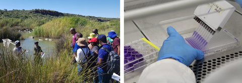 People at a river and person during pipetting