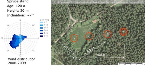 Fig. 1: Wind distribution (1.5.2008 - 1.5.2009) and aerial view on the site with tower