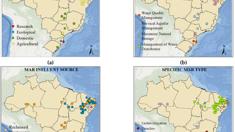 Localization of managed aquifer recharge (MAR) solutions in Brazil, sorted by (a) MAR final use; (b) MAR main objective; (c) MAR influent source; (d) Specific MAR type. Data adapted from the Global MAR Portal. Source: Shubo, T., Fernandez, L., Montenegro, S.G. (2020). An Overview of Managed Aquifer Recharge in Brazil. Water, 12, 1072; doi:10.3390/w12041072.