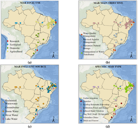Localization of managed aquifer recharge (MAR) solutions in Brazil, sorted by (a) MAR final use; (b) MAR main objective; (c) MAR influent source; (d) Specific MAR type. Data adapted from the Global MAR Portal. Source: Shubo, T., Fernandez, L., Montenegro, S.G. (2020). An Overview of Managed Aquifer Recharge in Brazil. Water, 12, 1072; doi:10.3390/w12041072.