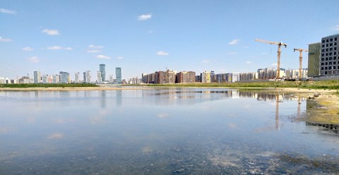 The surface area of Small Taldykol lakes is shrinking due to continuous land reclamation for urban development