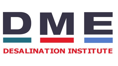 Logo des DME e.V. Die Buchstaben D M E in Großbuchstaben, darunter farbige Balken in grün, rot und blau, darunter der Schriftzug Desalination Institute.