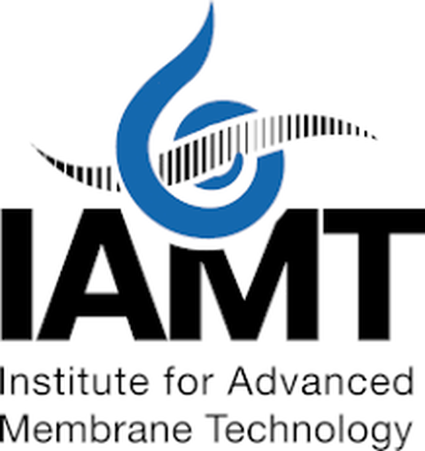 Logo. Letter I A M T. Darunter Institute for Advanced Membrane Technology. Darüber eine blaue Spirale durchbrochen von einer schwarzen Welle.