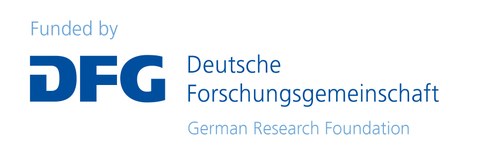 Logo. Blaue Schrift auf weißem Hintergrund. Funded by DFG Deutsche Forschungsgemeinschaft German Research Foundation.