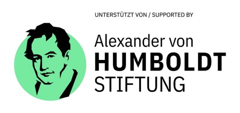 Logo. Alexander von Humboldt Stiftung. Die Worte Gefördert durch Alexander von Humboldt Stiftung neben Illustration von gezeichnetem Porträt von Alexander von Humboldt.