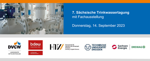 Teaser Drinking Water Conference. Image represents title and date next to water pipes and the logos of the organisers.