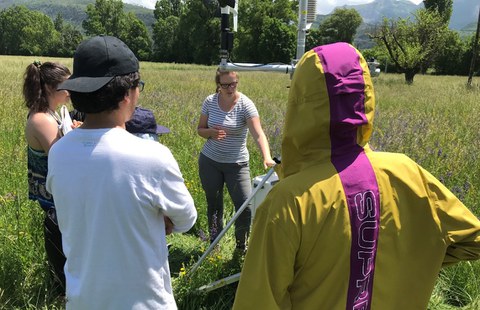 The picture shows four people standing in a gras field on a sunny day around a measurement tower used for athmospheric and soil measurements.