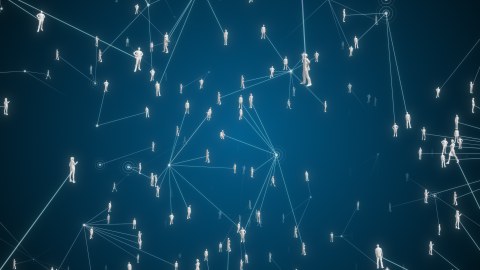 image with blue background and avatars being connected by white lines