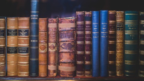 Das Foto zeigt die Buchrücken von vielen alten Büchern, die nebeneinander in einem Regal stehen.
