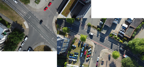 Drohnenaufnahme zweier Straßenkreuzungen in Dresden