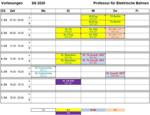 Stundenplan der Vorlesungen im Sommersemester 2020