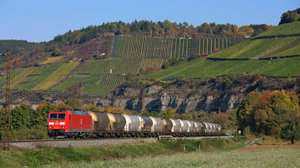 Im Maintal Güterzug mit Schüttgutwagen auf der Strecke Karlstadt - Himmelstadt mit Ellok Baureihe 185 bei herbstlicher Lichtstimmung
