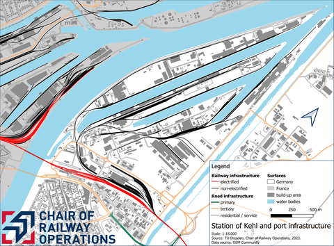 Overview of rail infrastructure in the station and port of Kehl