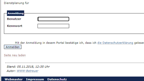 Anmeldemaske Dienstplanprogramm