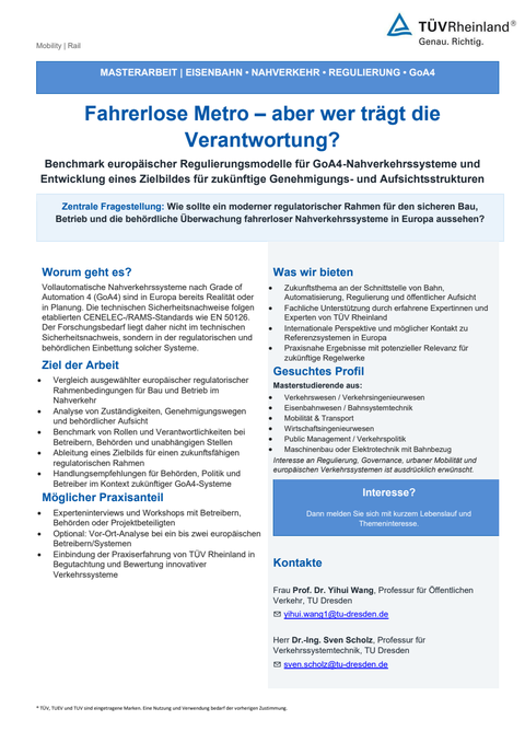 German-language flyer for the master's thesis on driverless GoA4 metro systems, showing the research question, tasks, applicant profile and contacts.