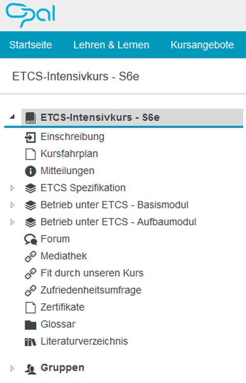 Beispiel eines E-Learning-Kurses im LMS OPAL mit dem Zugang zum Kursfahrplan, den entsprechenden Kursmodulen sowie weiteren Materialien