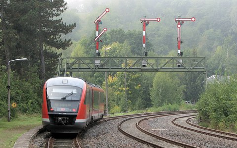 Signalbrücke mit Zug